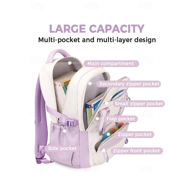 Waterproof Multi-Pocket Backpack - Large Capacity School Bag, Layered Storage, Lightweight Design, Side Pockets, Suitable for Teen Students and Daily Commuters Black Pink Blue4