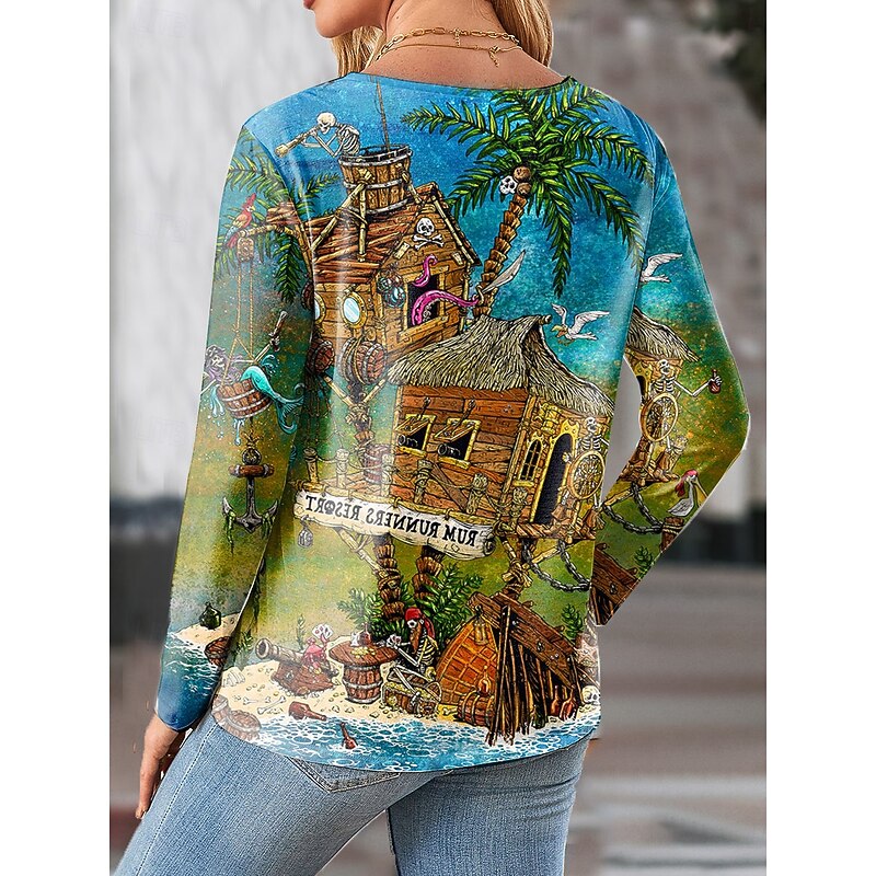 Skull By David Lozeau Halloween Women's T shirt Crew Neck Long Sleeve Tunic Graphic Vintage Stylish Classic  Regular Tops Daily Print Blue Fall2