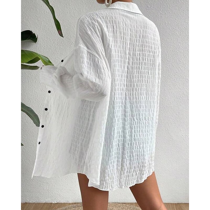 Women's Shirt Texture Blouse Plain Daily Stylish Basic Long Sleeve Batwing Sleeve Shirt Collar Regular Tops Work Daily Holiday Buttons Black White Khaki Spring Fall3