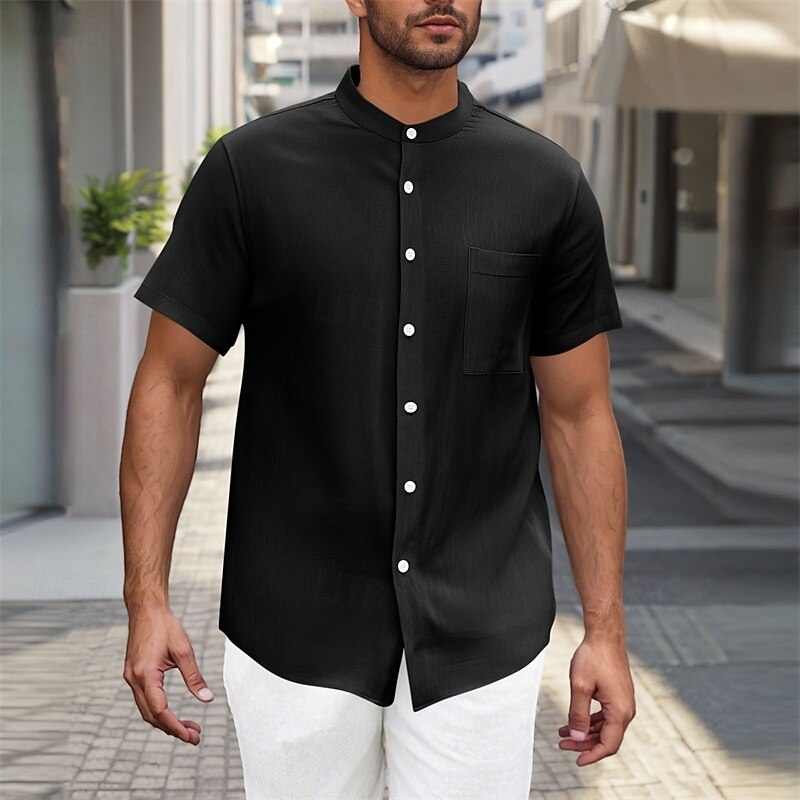Men's Shirt Summer Shirt Casual Shirt Beach Shirt Button Up Shirt Black White Sky Blue Gray Short Sleeve Plain Band Collar Vacation Hawaiian Pocket Clothing Apparel Polyester Fashion Casual2