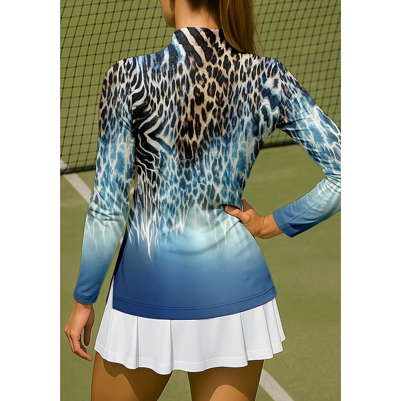 Women's Leopard Gradient Sport Shirt Golf Polo Shirt Tennis Shirt Tennis Tee Long Sleeve Zipper Floral UPF50+ UV Resistant High Elasticity Moisture Wicking Breathable Tennis Golf Pickleball Stand2