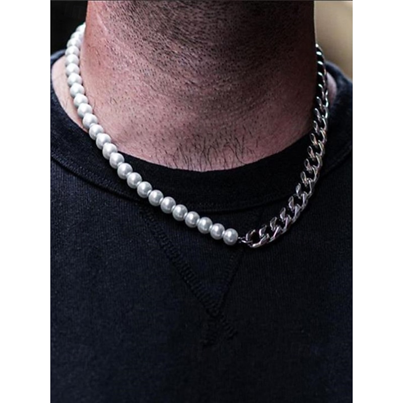 Men's Pearl and Chain Jewelry Set – Trendy Half Pearl Half Metal Necklace and Bracelet for Streetwear, Hip-Hop Style and Party Fashion