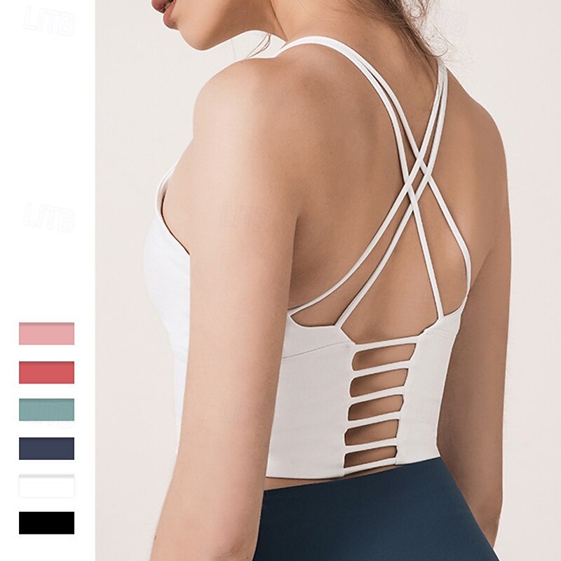 Women's Yoga Bra Sports Tank Top Pilates Bra Underwear Medium Support Breathable Criss-Cross Back Solid / Plain Color Sport Activewear Black White Gym Pilates Zumba