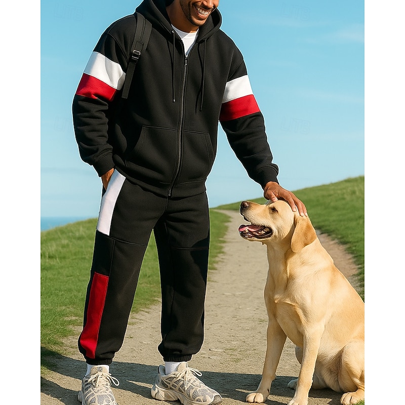 Men's Tracksuit Sweatpants Zip Up Sweatshirt Drawstring Zipper Pocket Color Block Clothing Suit Spring Red Green Fishing Hiking Outdoor Sun Protection Windproof Lightweight Long Sleeve Sport