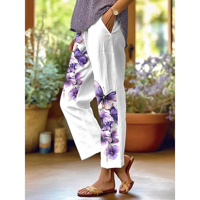 Women's Chinos Straight Vacation Vintage Casual Full Length High Waist Floral Graphic Butterfly Pocket Printing Soft Outdoor Breathable Inelastic Vacation Casual Daily Violet Robin's Egg Blue Pink
