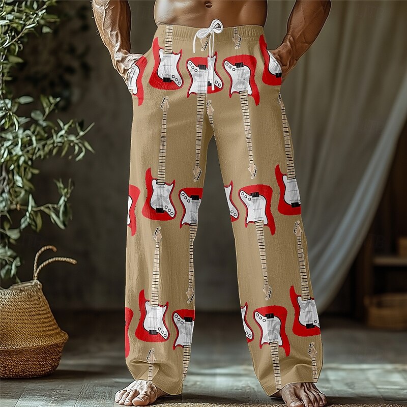 Men's Guitar Musical Instrument Trousers Baggy Pants Casual Pants Mid Waist Retro Vintage Outdoor Vacation Drawstring Side Pockets Elastic Waist Summer Spring 3D Print Black White Blue4
