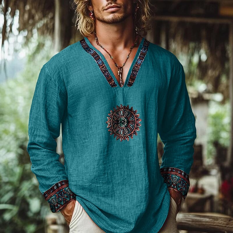 Men's Shirt Linen Shirt Popover Shirt Summer Shirt Beach Shirt Vintage Shirt Plain Vacation Casual Blue Long Sleeve V Neck Summer Spring Clothing Apparel
