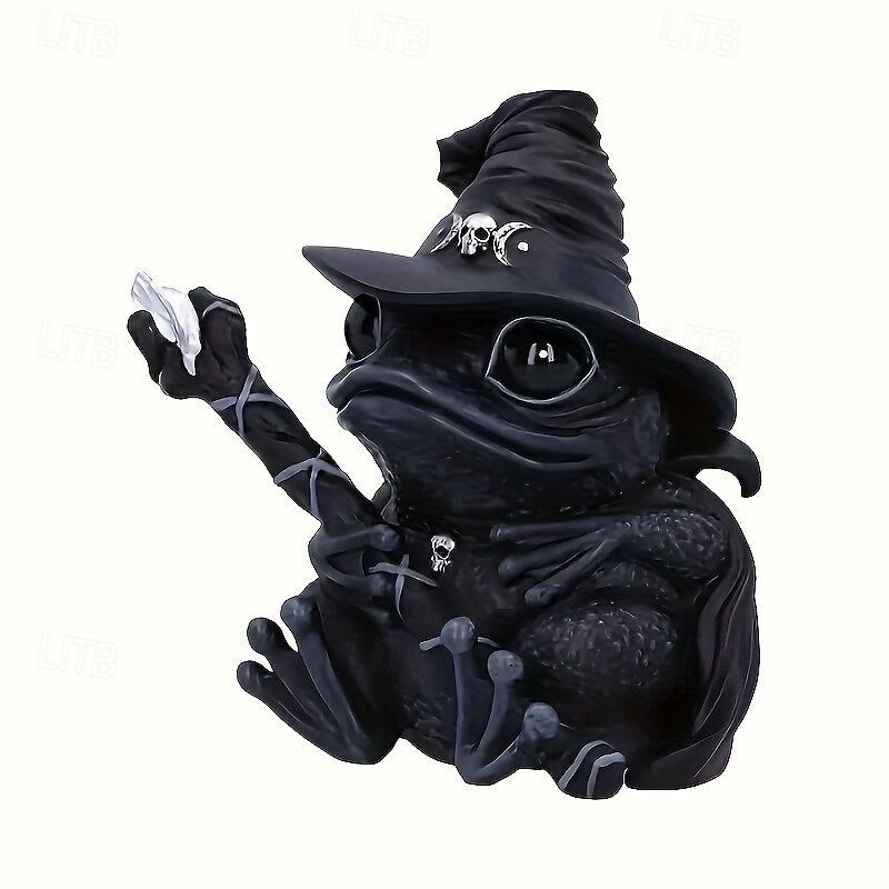 Handcrafted Resin Enchanting Witch Frog Figurine - Magical Gothic Halloween Decor Tabletop Ornament with Black Hat & Skull Accents Perfect for Halloween Christmas New Year & More No Electricity N2