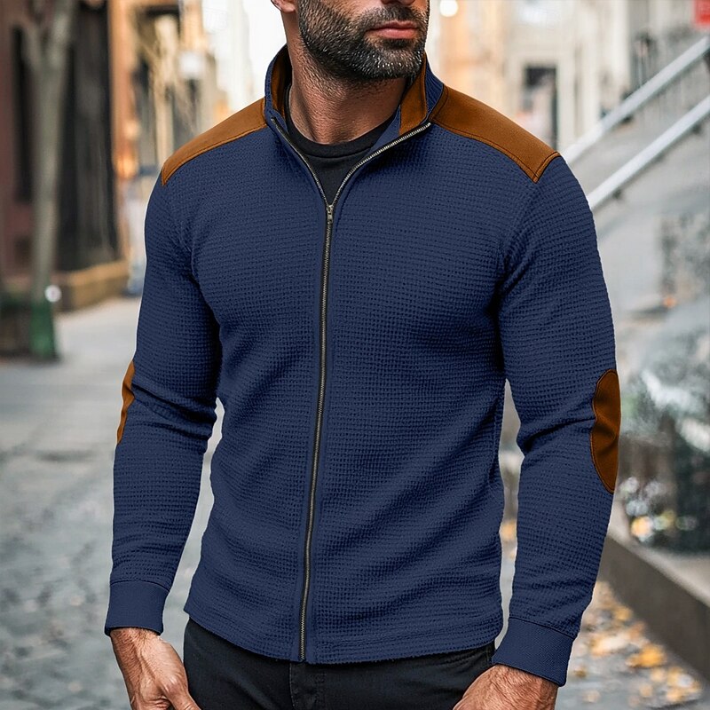Men's T Shirt Jacket Waffle Knit Tee Tee Top Long Sleeve Standing Collar Fall Spring &  Fall Color Block Fashion Designer Basic Zip Up Patchwork Vacation Street Casual White Navy Blue khaki Top Tee2