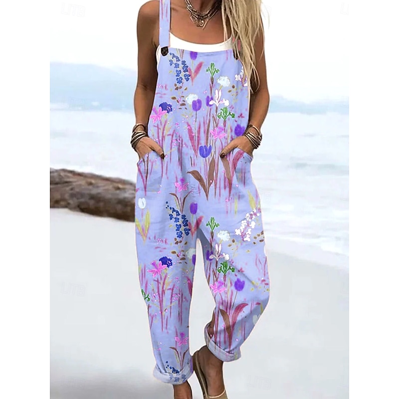 Women's Dungarees Active Floral Sleeveless Harem Drawstring with Pocket Vacation Street Loose Fit Pink Blue Purple Summer4