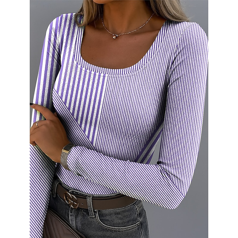 Women's T Shirt Ribbed Graphic Square Neck Long Sleeve Casual Geometric Abstract Vintage Stylish Regular Tops Daily Print Yellow Pink Blue Purple Green Spring Fall3