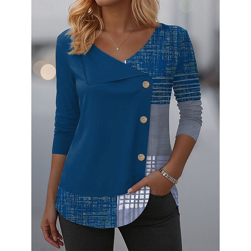Women's Blouse Tunic V Neck Long Sleeve Buttons Graphic Geometric Plaid Fashion Casual Crew Neck Regular Tops Daily Patchwork Print Red Blue Purple Green Spring Fall Winter2