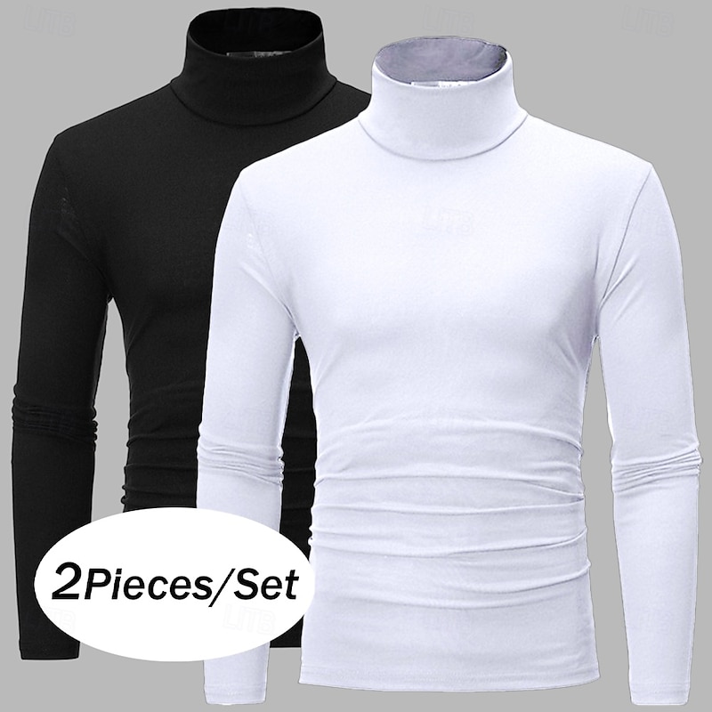 2Pcs Men's Turtleneck T Shirt Long Sleeve Shirt Long Sleeve Turtleneck Rolled collar Fall Fall & Winter Plain Lightweight Basic Classic 2 Piece Outdoor Casual Sports Tee