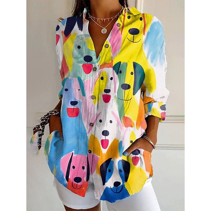 Women's Shirt Button Down Tunic Shirt Collar Long Sleeve Graphic Animal Vintage Daily Stylish V Neck Regular Tops Work Daily Holiday s Print Yellow Green Khaki Spring Fall