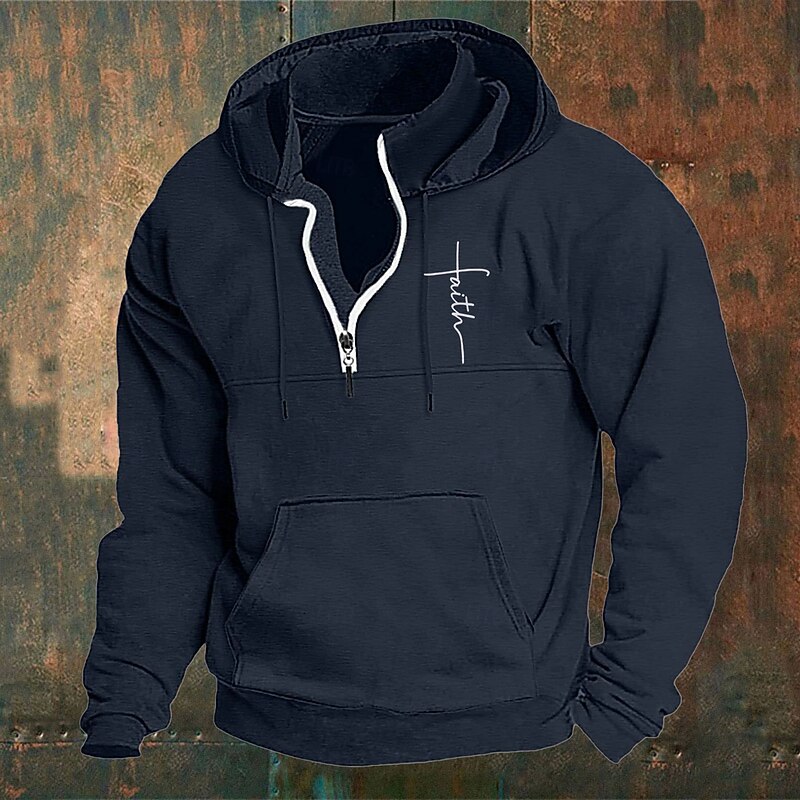 Men's Hoodie Wine Navy Blue Green Khaki Light Grey Hooded Cross Front Pocket Quarter Zip Daily Holiday Going out Polyester Streetwear Casual Fall Winter Clothing Apparel Hoodies Sweatshirts3