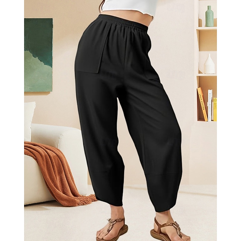 Women's Wide Leg Slacks Streetwear Casual Full Length Natural Plain Pocket Elastic Waist Soft Street Holiday Daily Wear claret Black Fall Regular Fit2
