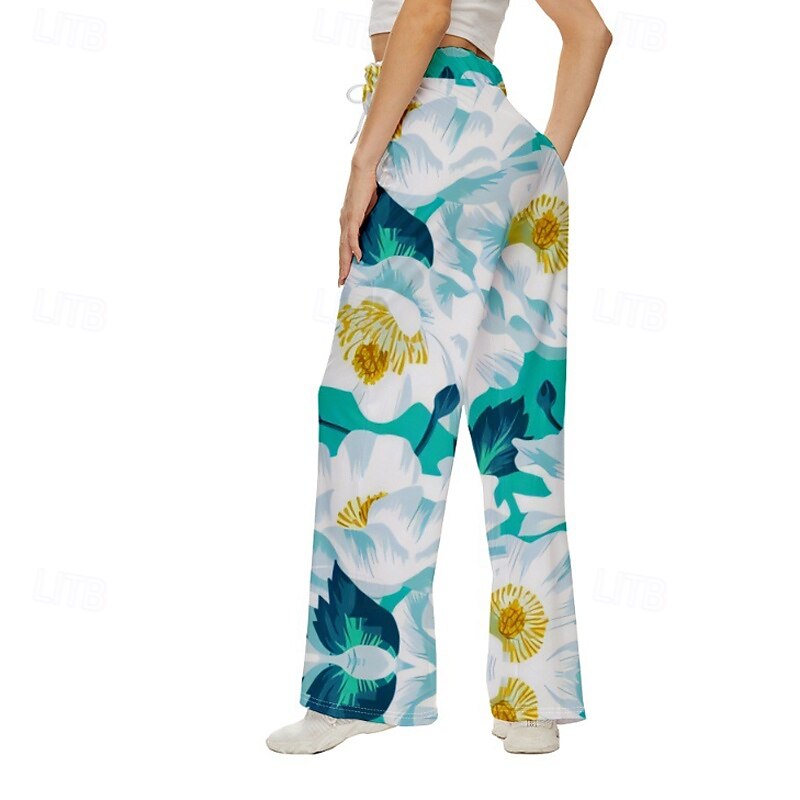 Women's Wide Leg Slacks Streetwear Casual Full Length Natural Flower Print Elastic Drawstring Design Soft Street Holiday Weekend Green Fall Regular Fit2