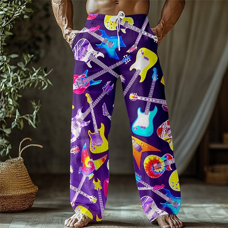 Men's Guitar Musical Instrument Trousers Baggy Pants Casual Pants Mid Waist Retro Vintage Outdoor Vacation Holiday Drawstring Side Pockets Elastic Waist Summer Spring 3D Print Black White Purple3