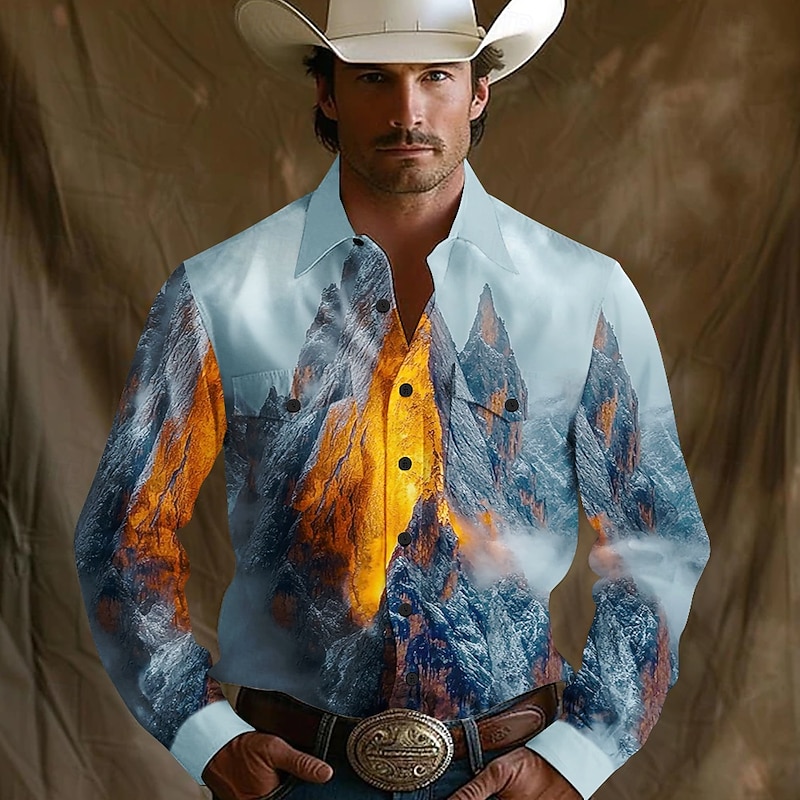 Men's Sun Landscape Mountain Western Shirt Button Up Shirt Cowboy Shirt Long Sleeve Western Outdoor Camping & Hiking Summer Spring Fall Turndown Collared Shirts Front Two Pockets Blue Sky Blue Gray2