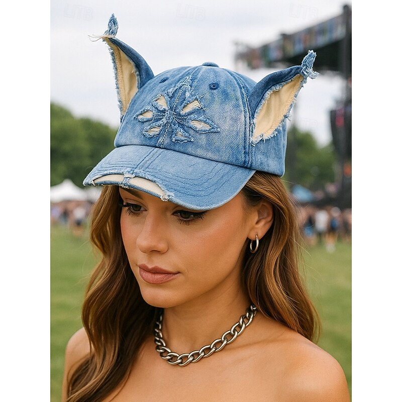 Women's Distressed Denim Baseball Cap with Cat Ears – Vintage Halloween Costume Hat, Cute and Edgy Style for Party, Cosplay and Festival Outfits4