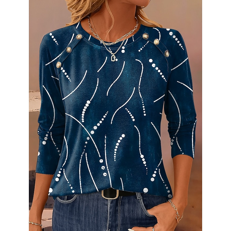 Women's T Shirt Graphic Geometric Vintage Casual Long Sleeve Crew Neck Regular Tops Daily Buttons Print Blue Purple Brown Green Spring Fall Winter