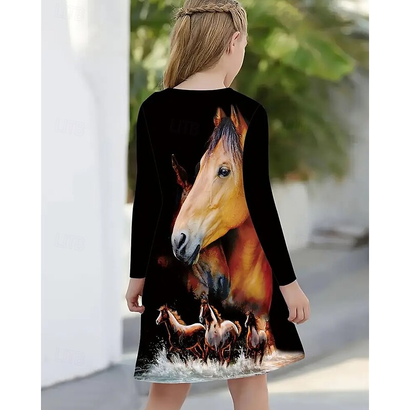 Girls' 3D Horse Dress Long Sleeve Summer Spring Vacation Daily Holiday Princess Beautiful Sweet Kids 4-12 Years Casual Dress A Line Dress Knee-length Regular Fit2