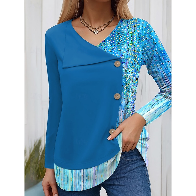 Women's Blouse Tunic V Neck Long Sleeve Buttons Ombre Graphic Geometric Fashion Casual Crew Neck Regular Tops Daily Patchwork Print Red Blue Purple Green Spring Fall Winter