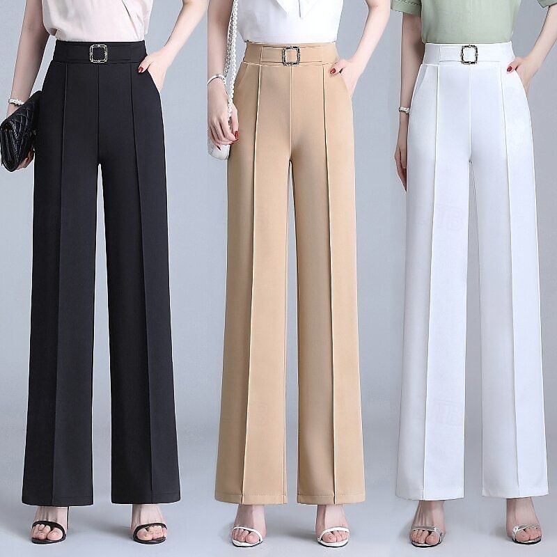Women's Wide Leg Dress Pants Pants Trousers Fashion Full Length Natural Plain Side Pockets Wide Leg Comfy Breathability Office / Career Business Black White Khaki Spring Fall Regular Fit - Main Image