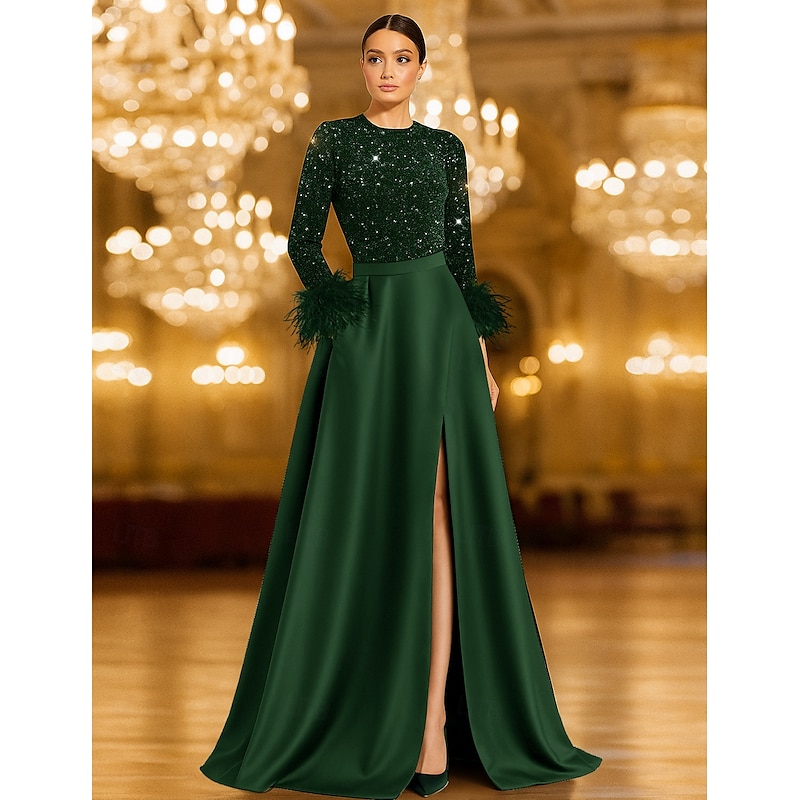 A-Line Evening Gown Sequin Elegant Dress Formal Wedding Floor Length Long Sleeve Crew Neck Pocket Satin with Feather Pocket3