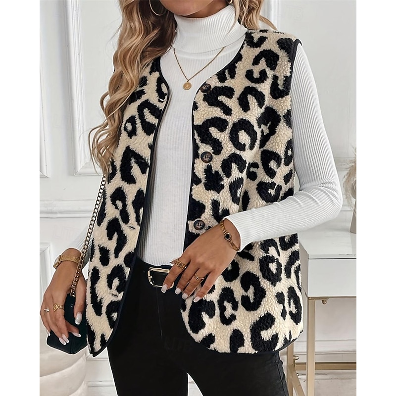Women's Fleece Vest Vest Warm Comfortable Buttons Fleece Lined Fashion Modern Casual Leopard Going out Weekend Single Breasted Regular V Neck Regular Fit Sleeveless Outerwear Apricot Winter4
