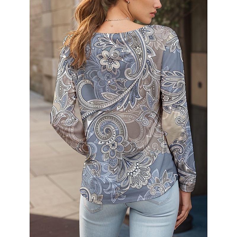 Women's T shirt Long Sleeve Crew Neck Long Sleeve Tunic Graphic Paisley Vintage Stylish Basic Round Neck Regular Tops Daily Weekend Print Yellow Pink Blue Purple Green Spring, Fall, Winter,  Prefall2