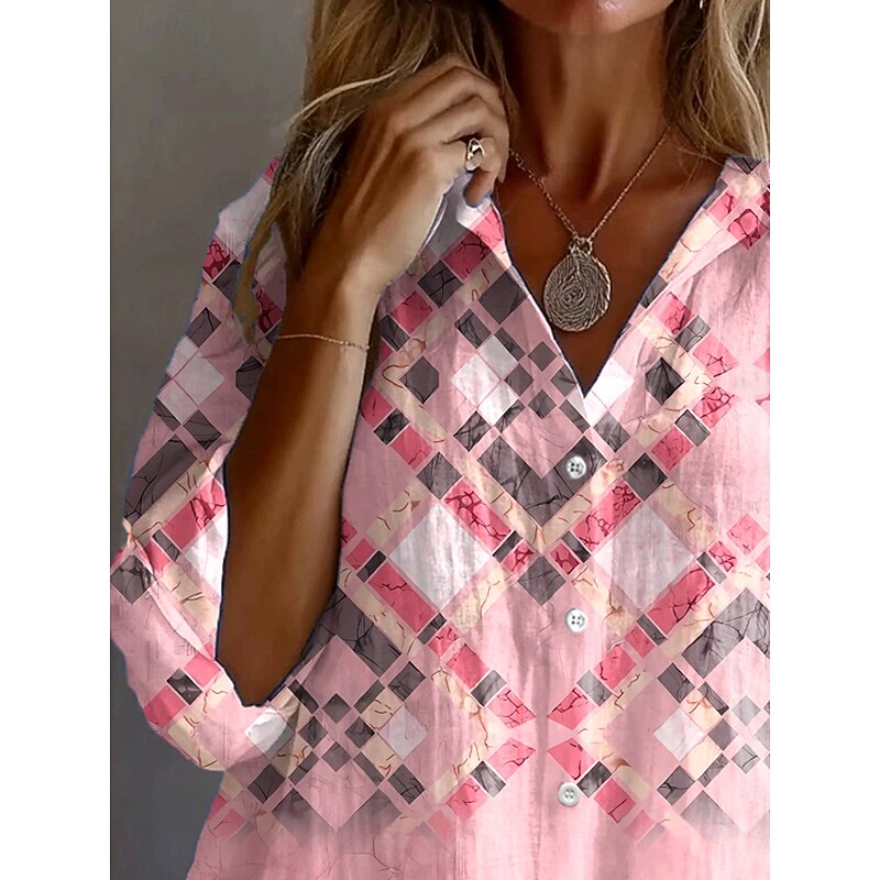Women's Shirt Button Down Tunic Shirt Collar Long Sleeve Ombre Graphic Plaid Vintage Tropical Daily Regular Tops Work Daily Holiday s Print Pink Spring Fall2