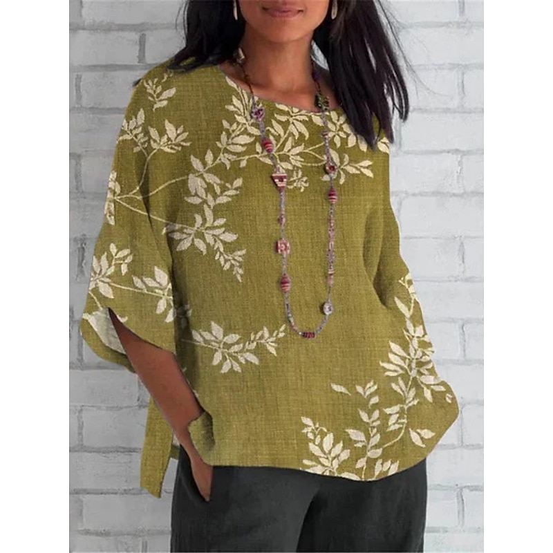 Women's Shirt Floral Daily Casual 3/4 Length Sleeve Crew Neck Regular Tops Daily Holiday Print Yellow Light Green Brown Green Khaki Summer Spring Fall4