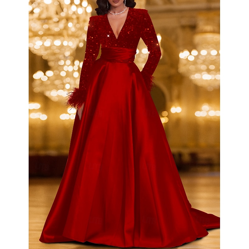 Black Tie A-Line Evening Gown Elegant Dress Carnival Formal Floor Length Long Sleeve V Neck Pocket Satin with Feather Sequin4
