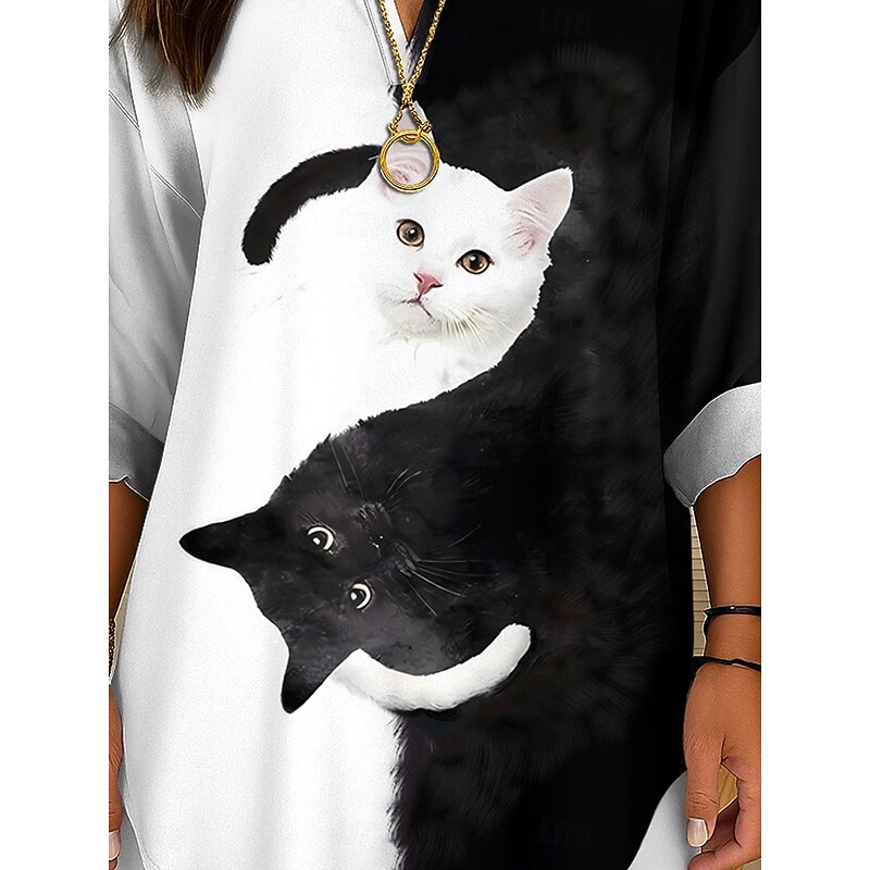 Women's Blouse Tunic V Neck Long Sleeve Boho Casual Summer Tops Graphic Animal Cat Vintage Tropical Regular Tops Daily Wear Print Black And White Yellow Pink Red Blue3