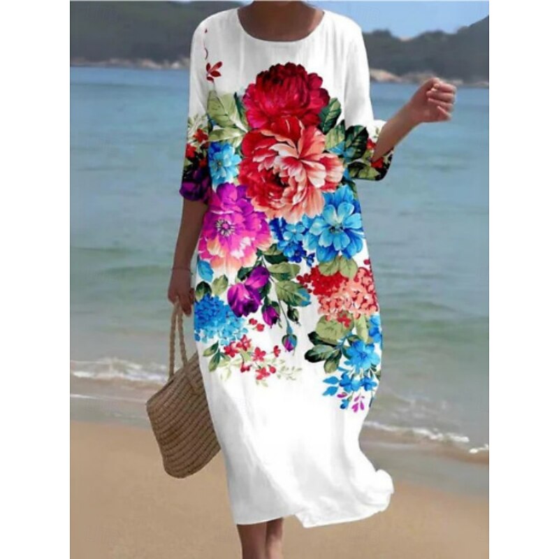 Women's Midi Dress Casual Dress Print Dress Fashion Modern Daily Beach Weekend Regular Fit Floral Butterfly 3/4 Length Sleeve Crew Neck White Red Blue Khaki Summer Spring Fall Autumn4