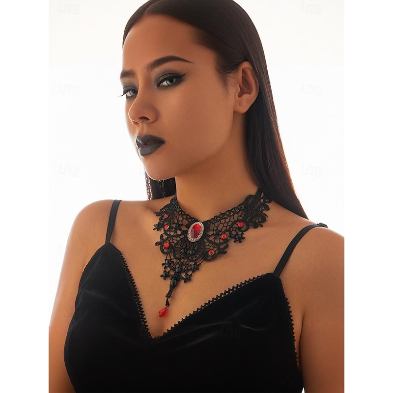 Women's Gothic Lace Choker Necklace - Black Vintage Victorian Style with Red Gemstone and Beaded Details, Elegant Statement Jewelry for Gothic Parties and Cosplay Events4