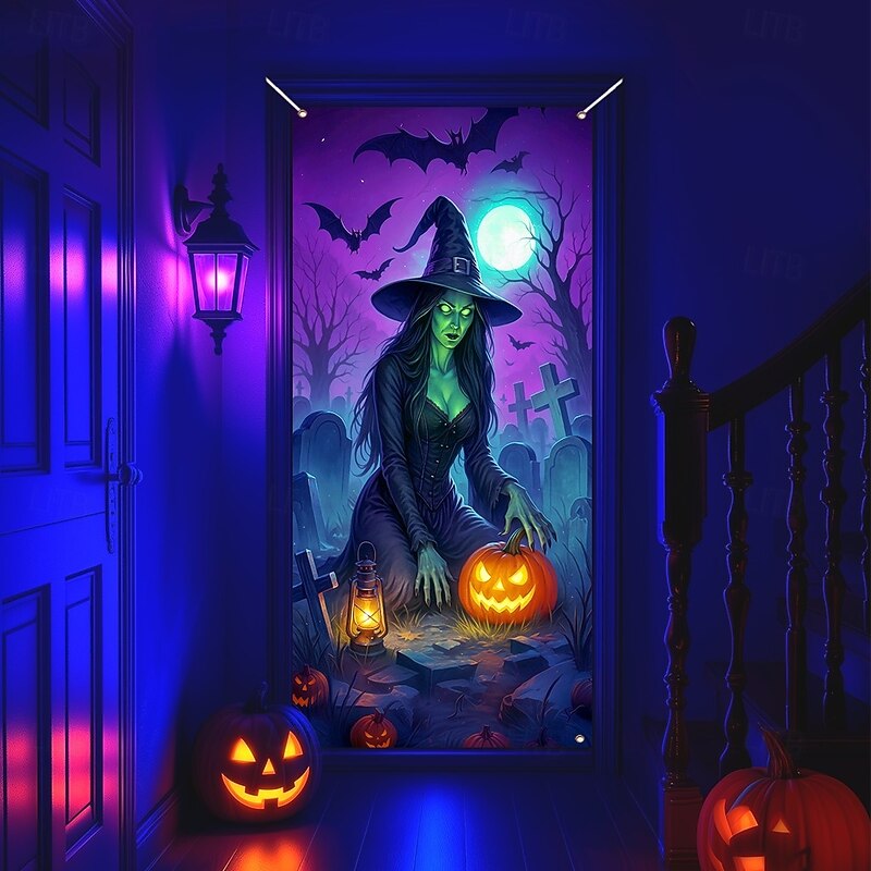Halloween Door Cover Neon Witch over Cauldron Banner, Glowing Blacklight Entrance Decoration for Outdoor & Indoor 2025 Halloween Bedroom, Living Room, Bathroom2