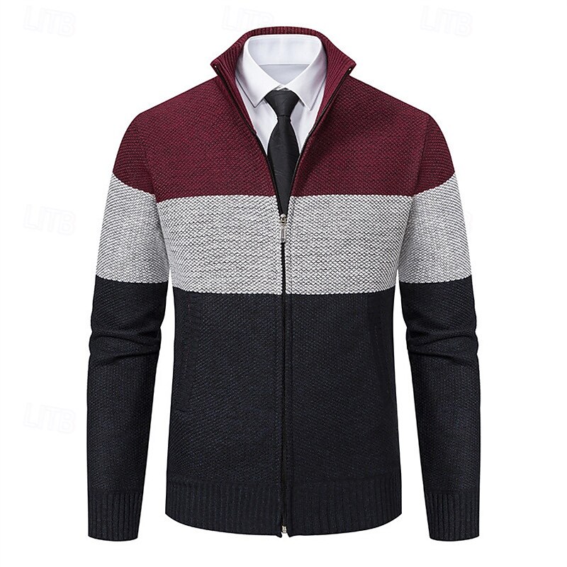 Men's Cardigan Sweater Cropped  Sweater Zip Sweater Knit Sweater Ribbed Knit Regular Tops Patchwork Fleece Color Block Stand Collar Fashion Classic Vacation Daily Wear Clothing Apparel Fall Winter2