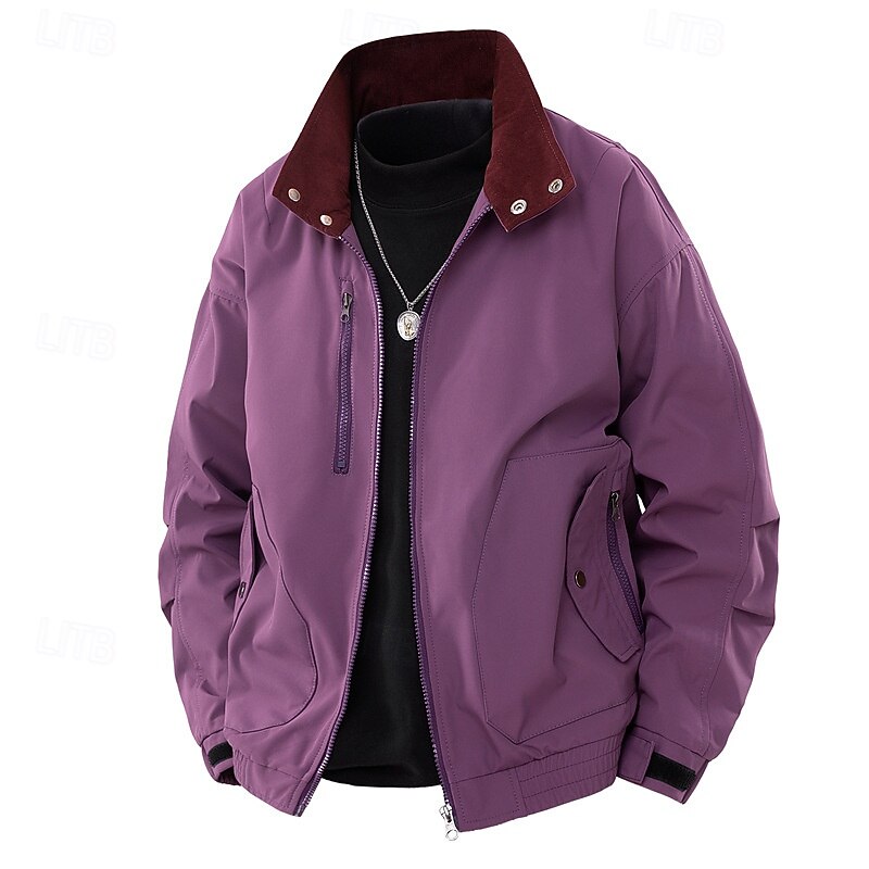 Men's Lightweight Jacket Cargo Jacket Casual Jacket Vacation Daily Windproof Windbreaker Pocket Fall Winter Plain Fashion Classic Stand Collar Regular Black White Purple Green Jacket