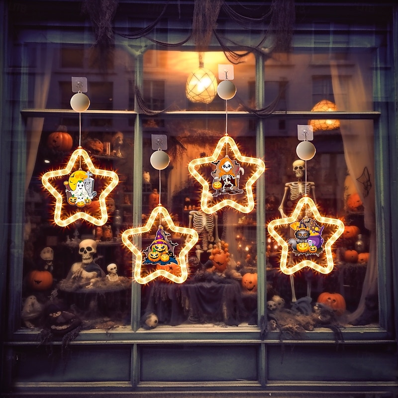 1 Pc 27.6cm Halloween Bat Ghost Wizard Hat Pumpkin Black Cat Bat Suction Cup LED Suction Cup Window Light Party Window Indoor Atmosphere Decorative Light AAA Battery Box Warm Light Running Lantern