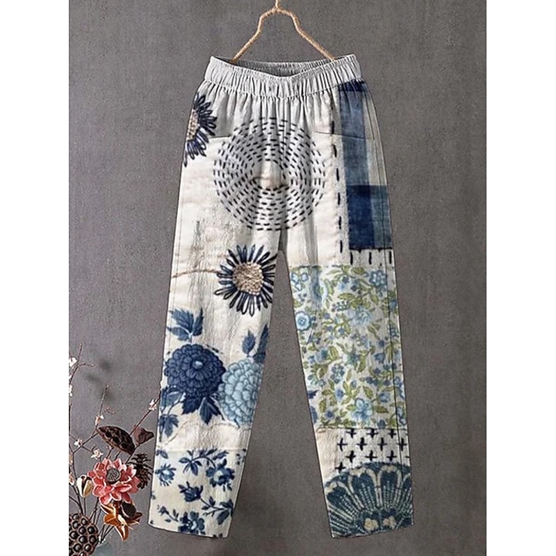 Women's Slacks Vacation Vintage Ethnic Style Ankle-Length High Waist Floral Graphic Pocket Comfy Breathability Lightweight Inelastic Outdoor Vacation Causal Blue Purple Green Summer Spring Loose Fit2