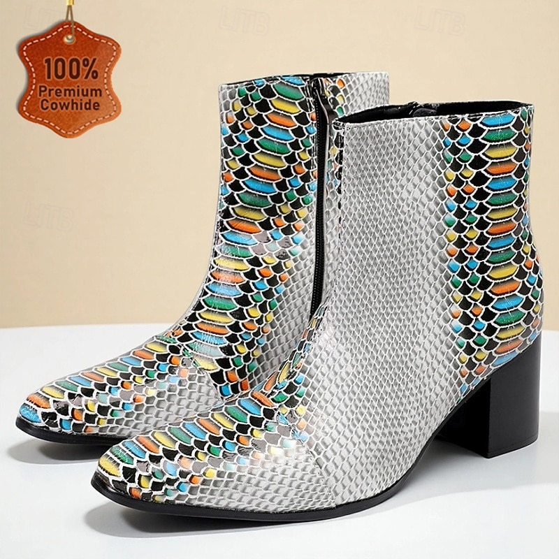 Men's Colorful Python Print Zipper Boots in Genuine Leather Bold Exotic Style for Performers Fashion Shows and Trendy Streetwear