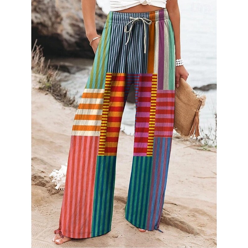 Women's Culottes Wide Leg Wide Leg Chinos Vacation Vintage Ethnic Style Full Length High Waist Graphic Gradient Striped Quick Dry Breathability Soft Inelastic Formal Outdoor Vacation Pinky Yellow Red3