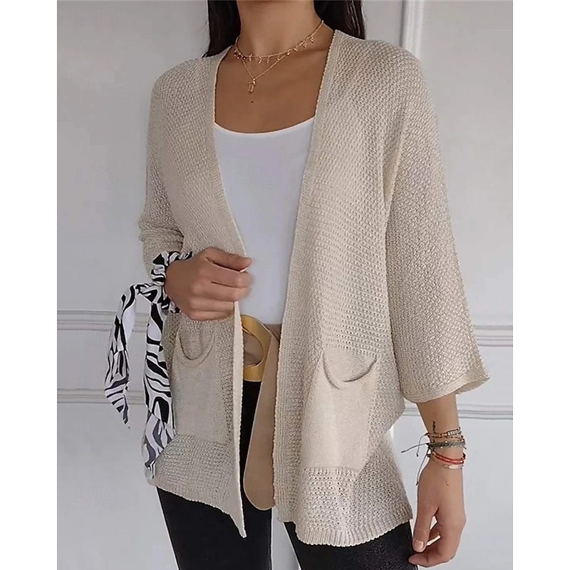 Women's Sweater Cardigan Fashion Streetwear Daily Solid Color Ribbed Open Front Knitted 3/4 Length Sleeve Regular Tops Knit Holiday Going out Weekend Army Green Navy Blue Spring Fall