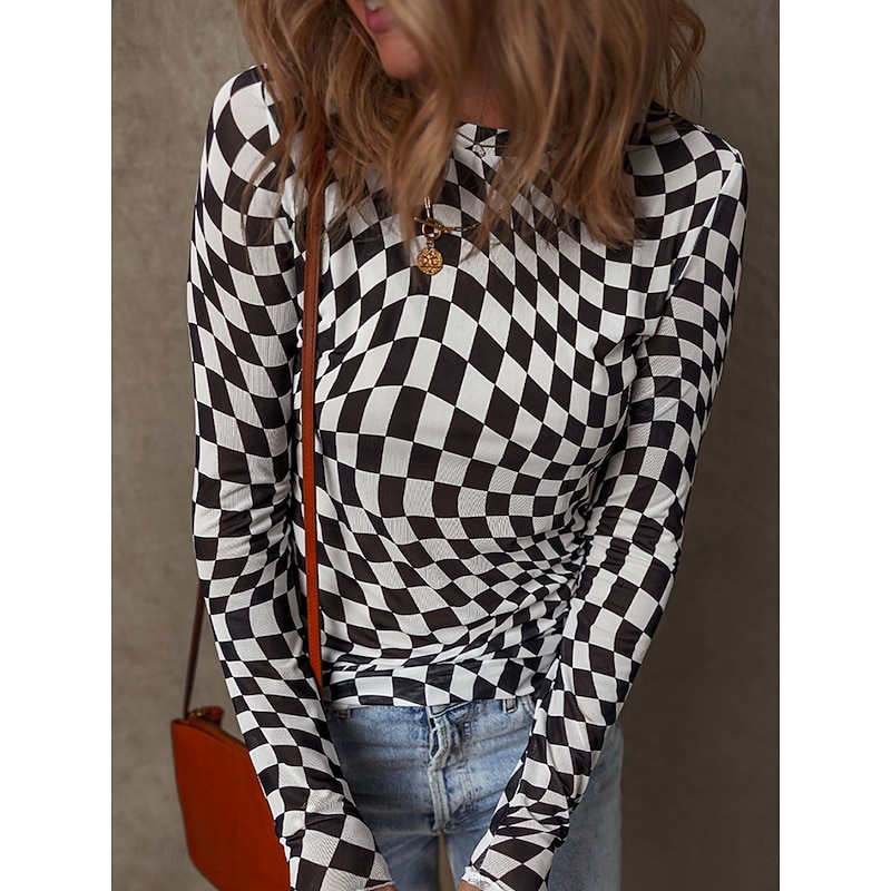 Women's Blouse Plaid Stylish Casual Long Sleeve Crew Neck Regular Tops Daily Print Black Pink Apricot Summer Spring Fall3