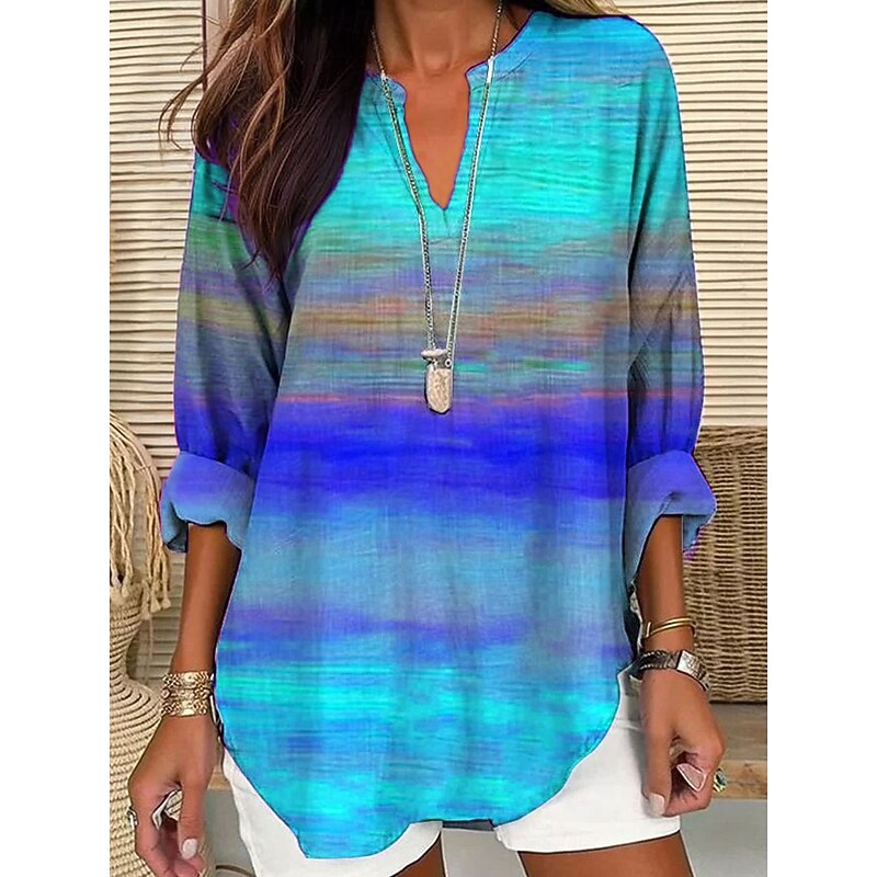 Women's Blouse Tunic V Neck Long Sleeve Boho Casual Tops Ombre Graphic Geometric Vintage Daily Stylish Regular Tops Daily Print Blue Purple Orange Green Fall3