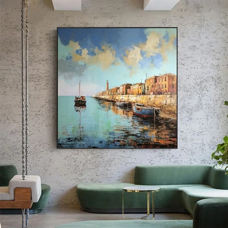 Handmade Oil Painting Canvas Wall Art Decoration Vintage Seaport Coastal Town Scenery for Home Decor Rolled Frameless Unstretched Painting