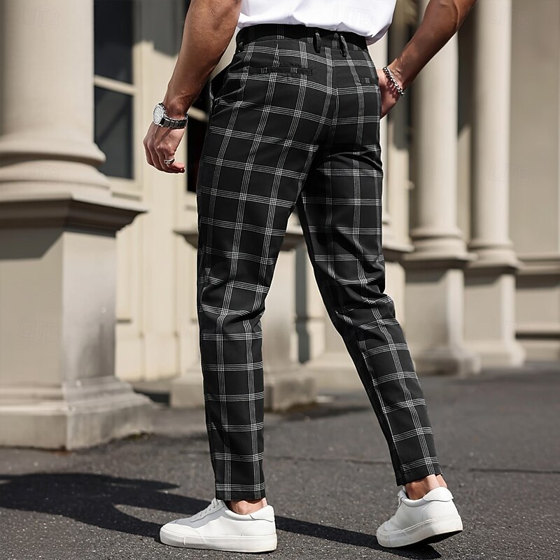 Men's Geometric Grid / Plaid Dress Pants Trousers Suit Pants Mid Waist Business Casual Formal Dailywear Slim Fit Pants with Pockets Spring Fall 3D Print Black Dark Blue Dark Gray2