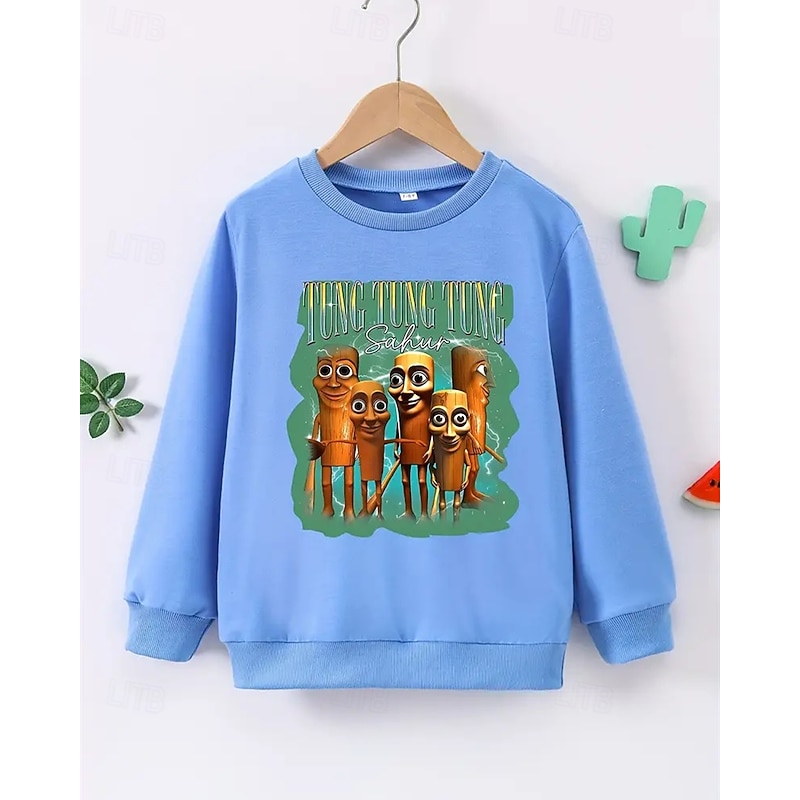 Boys' Long Sleeve Italian Brain Rot Element TUNG TUNG TUNG SAHUR Print Spring Fall Fashion Basic Kids 4-12 Years Crew Neck Outdoor Casual Daily Regular Fit2